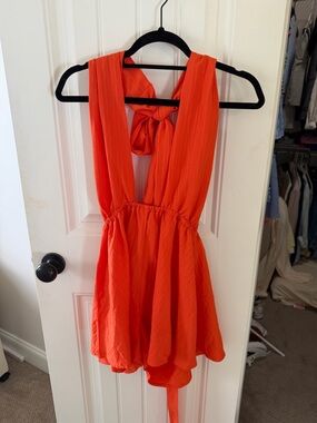 SHEIN Bright Orange V-Neck Tie-Back Romper